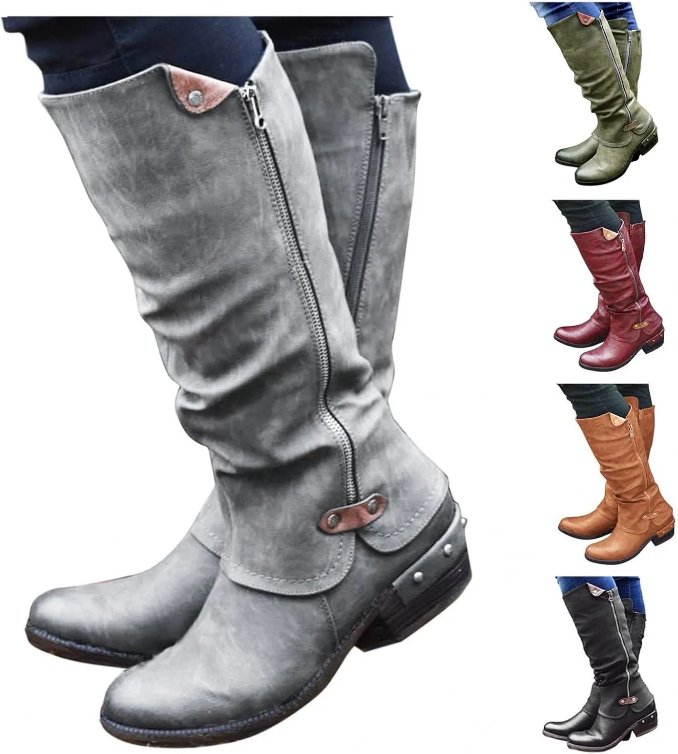Gibobby Boots for Women Wide Calf,Retro Boots Comfy Flat Bottom Increased Combat Booties Outdoor Fringe Western Shoes