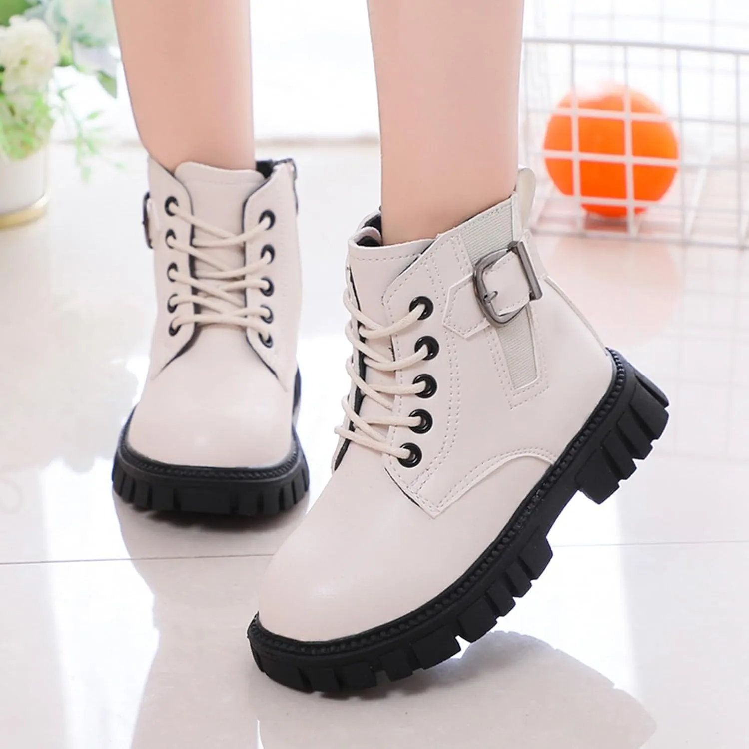 Girl's Combat Boots Ankle Booties Lace Up Side Zipper Riding Boots Faux Leather Short Booties (Little Kid/Big Kid)