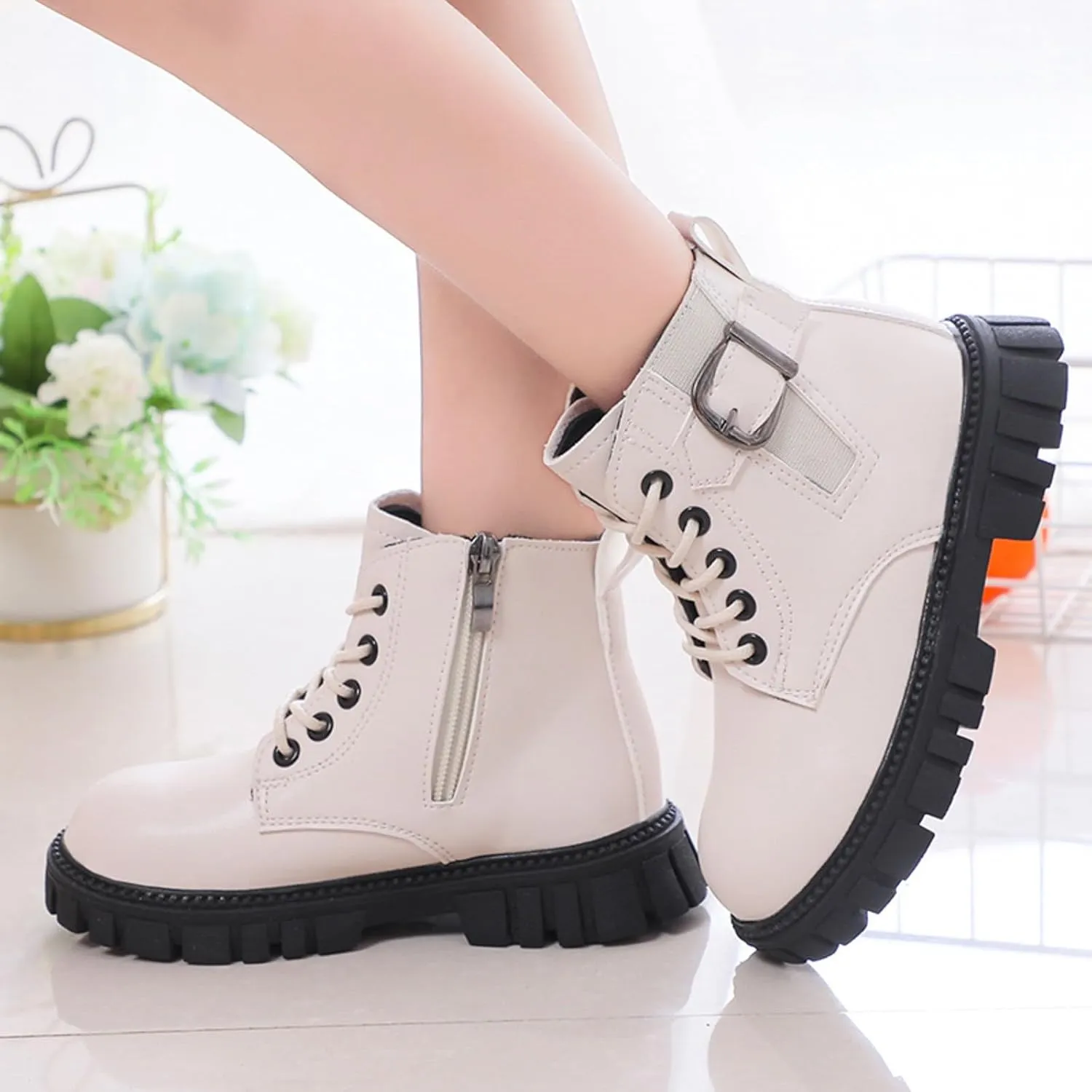 Girl's Combat Boots Ankle Booties Lace Up Side Zipper Riding Boots Faux Leather Short Booties (Little Kid/Big Kid)