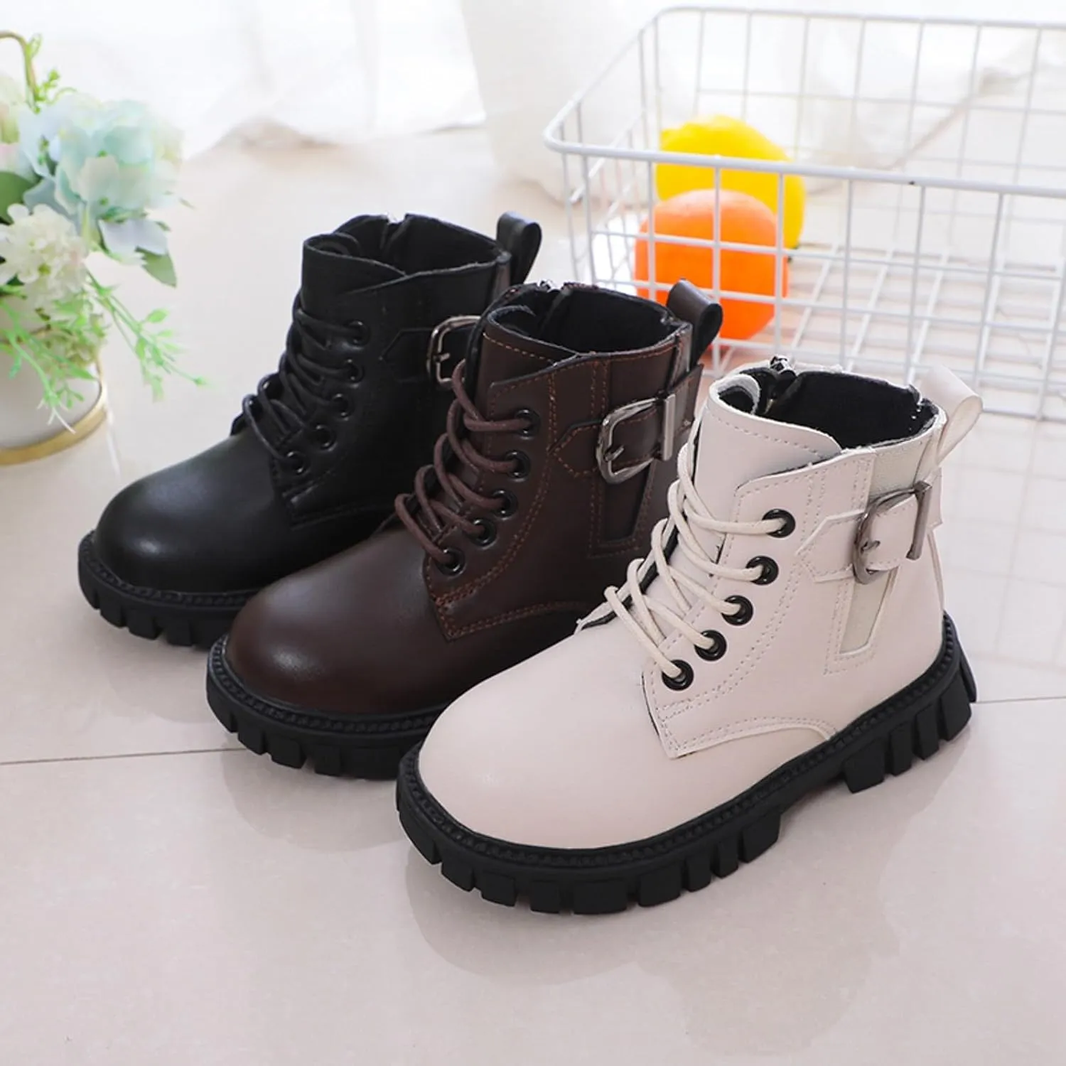 Girl's Combat Boots Ankle Booties Lace Up Side Zipper Riding Boots Faux Leather Short Booties (Little Kid/Big Kid)