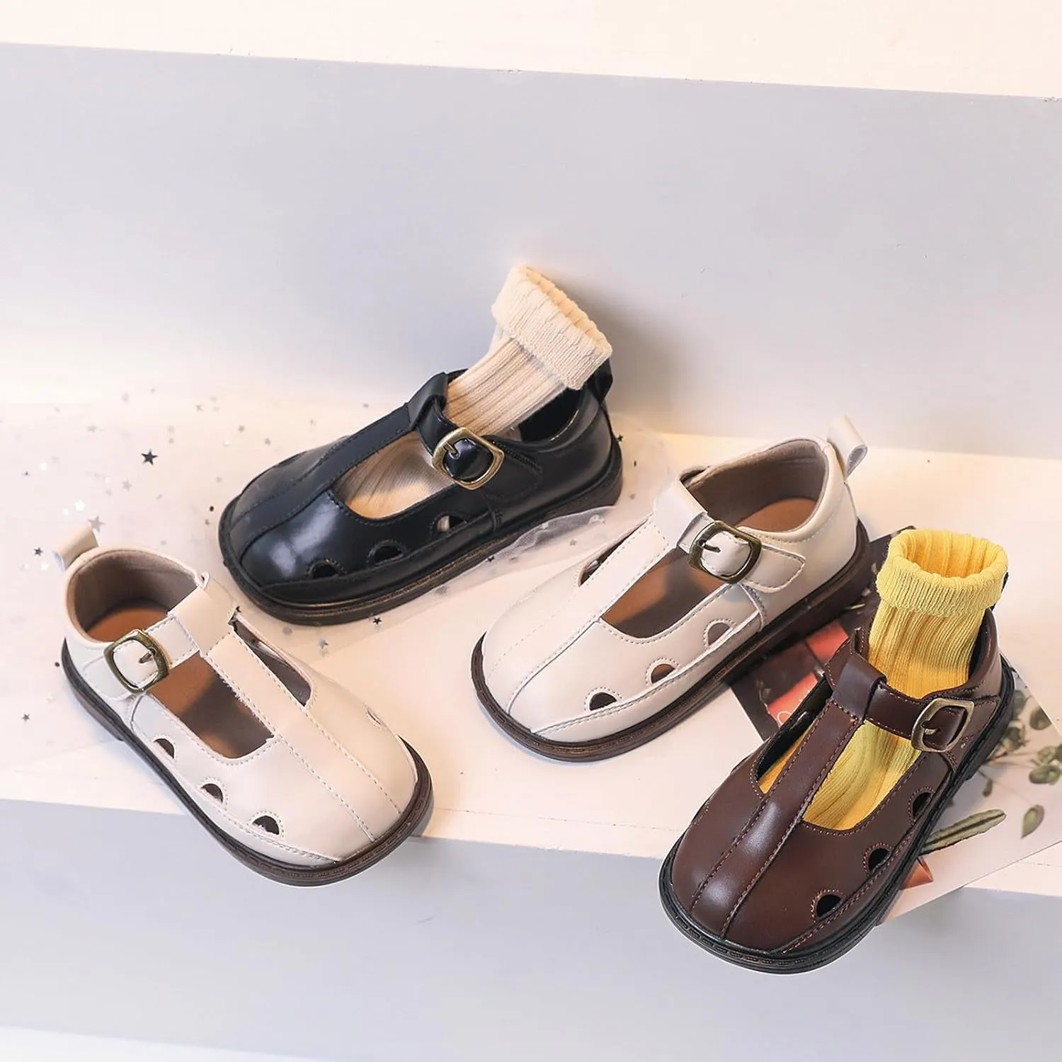 Girls Leather Closed Toe Hollow Sandals Mary Jane Dress Shoes Ballet Flat𝘀 Toddler School Par𝘁y Princess Shoes