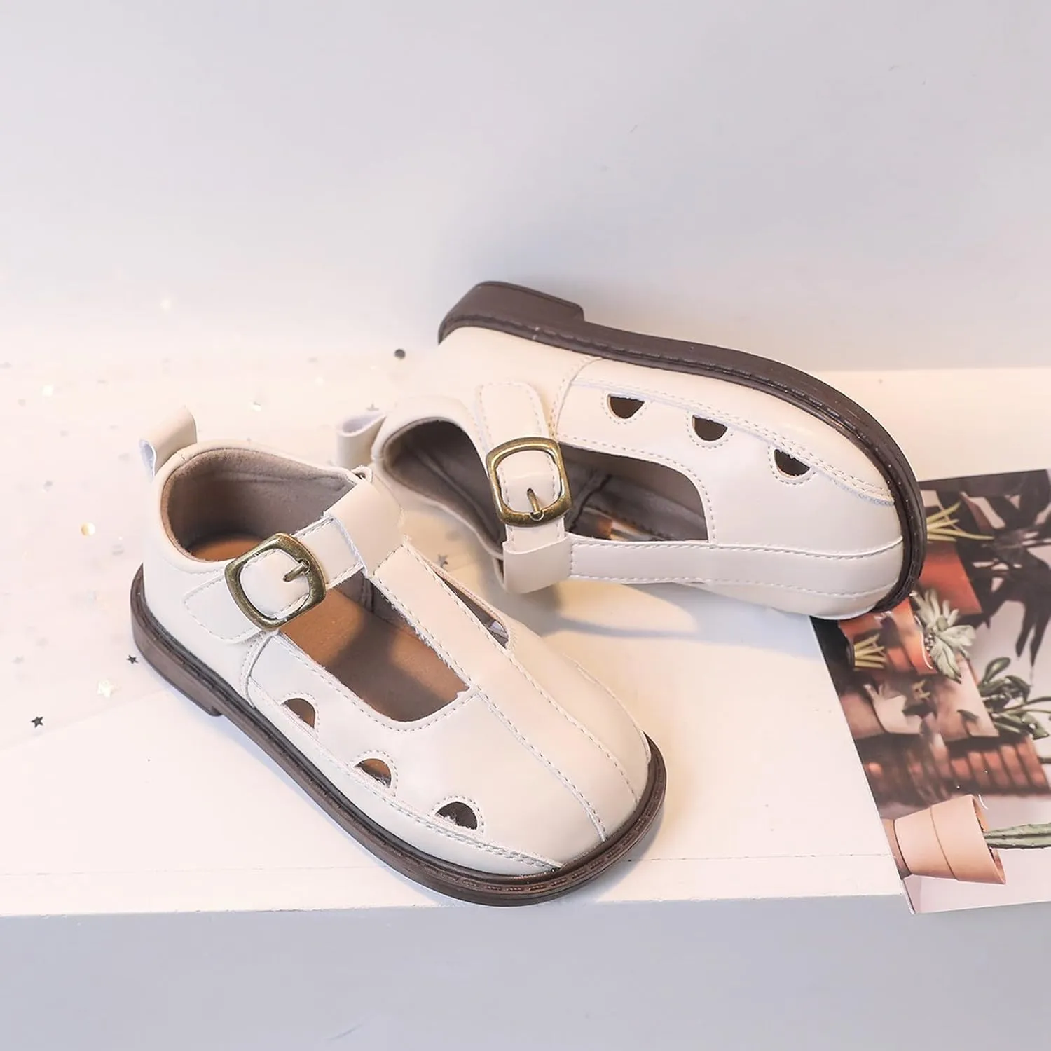 Girls Leather Closed Toe Hollow Sandals Mary Jane Dress Shoes Ballet Flat𝘀 Toddler School Par𝘁y Princess Shoes