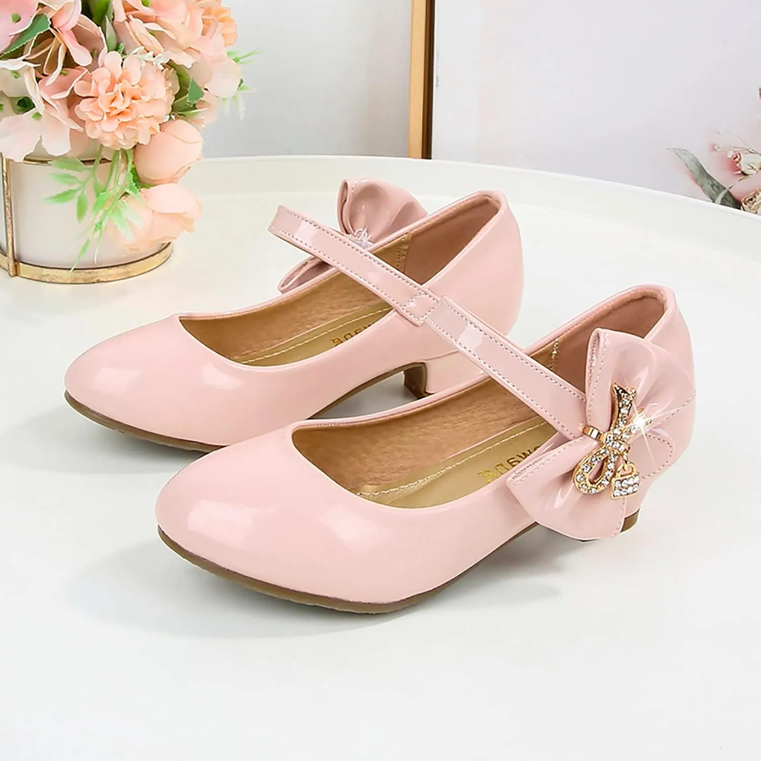 Girls Paten𝐭 Leather Dress Shoes Low Heels Toddler Mary Jane Shoes Flower Shoes with Bow for School Part𝐲 Wedding