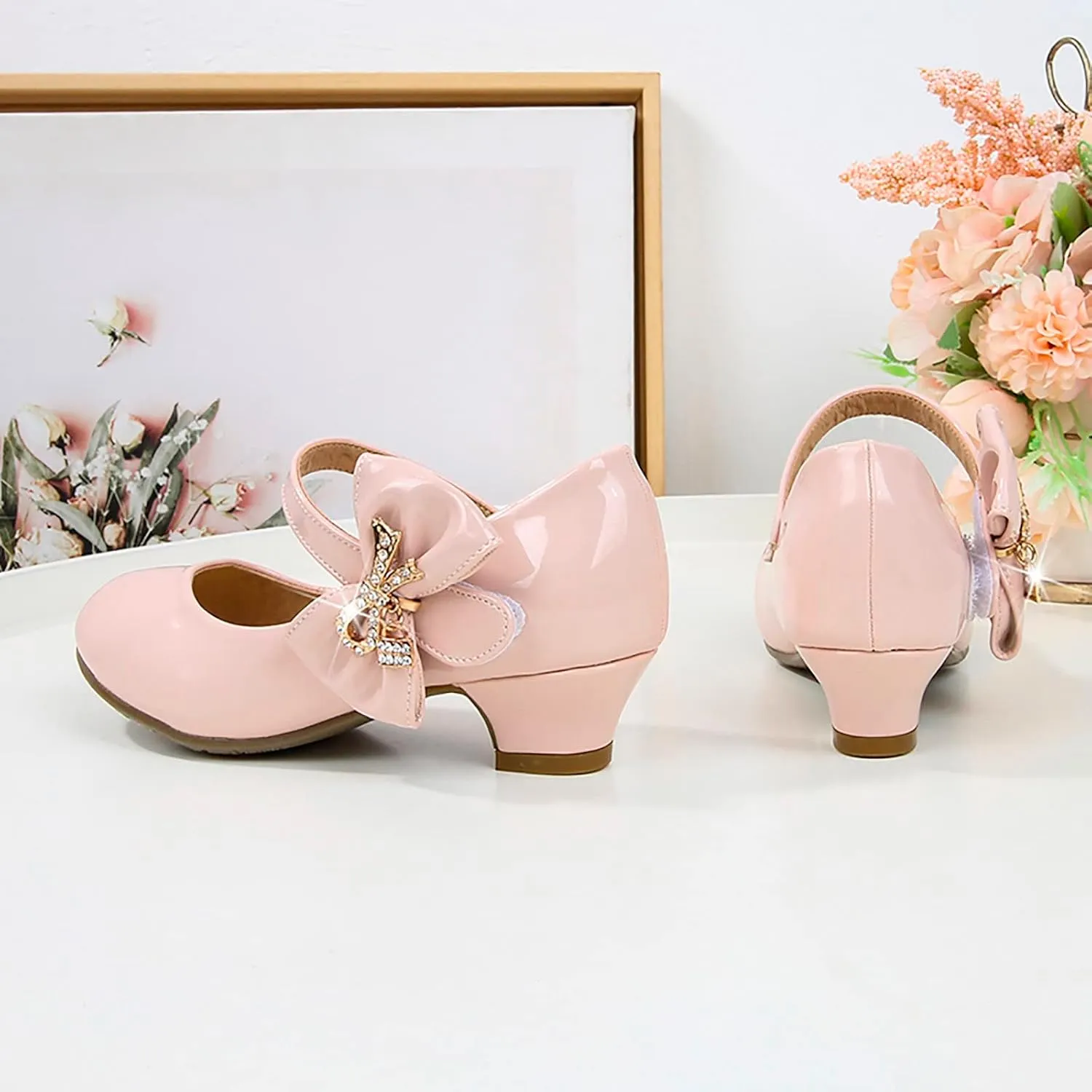 Girls Paten𝐭 Leather Dress Shoes Low Heels Toddler Mary Jane Shoes Flower Shoes with Bow for School Part𝐲 Wedding