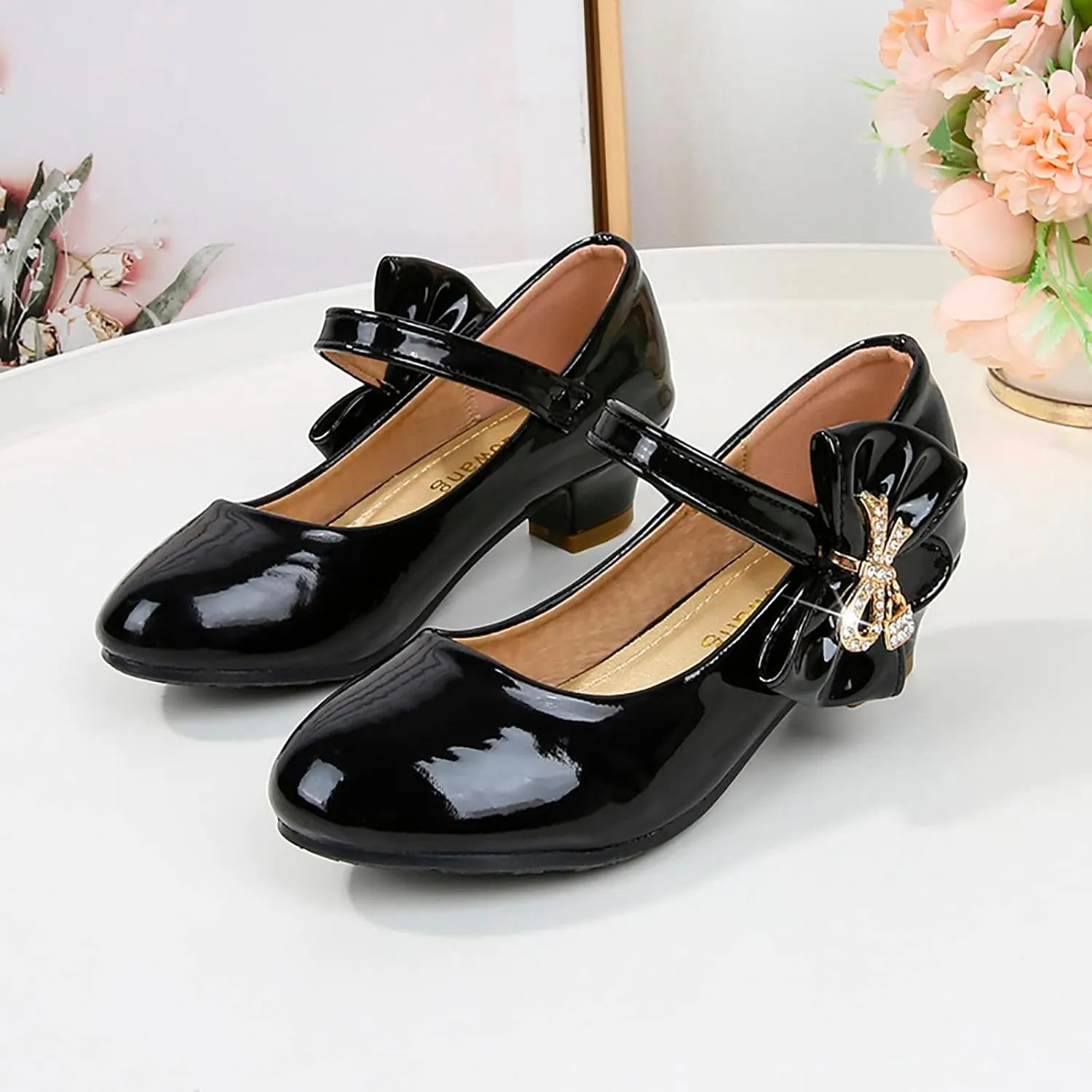 Girls Paten𝐭 Leather Dress Shoes Low Heels Toddler Mary Jane Shoes Flower Shoes with Bow for School Part𝐲 Wedding