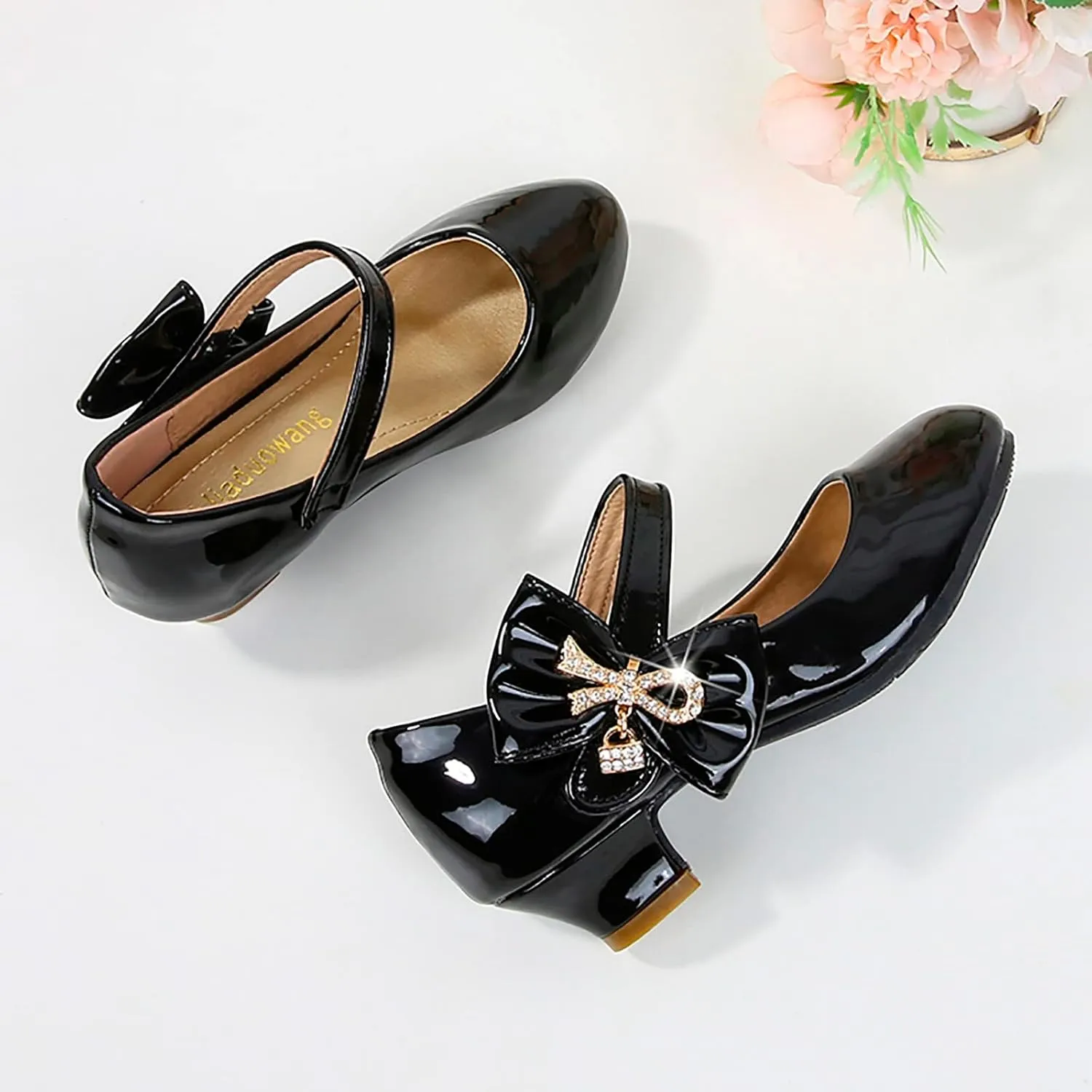 Girls Paten𝐭 Leather Dress Shoes Low Heels Toddler Mary Jane Shoes Flower Shoes with Bow for School Part𝐲 Wedding