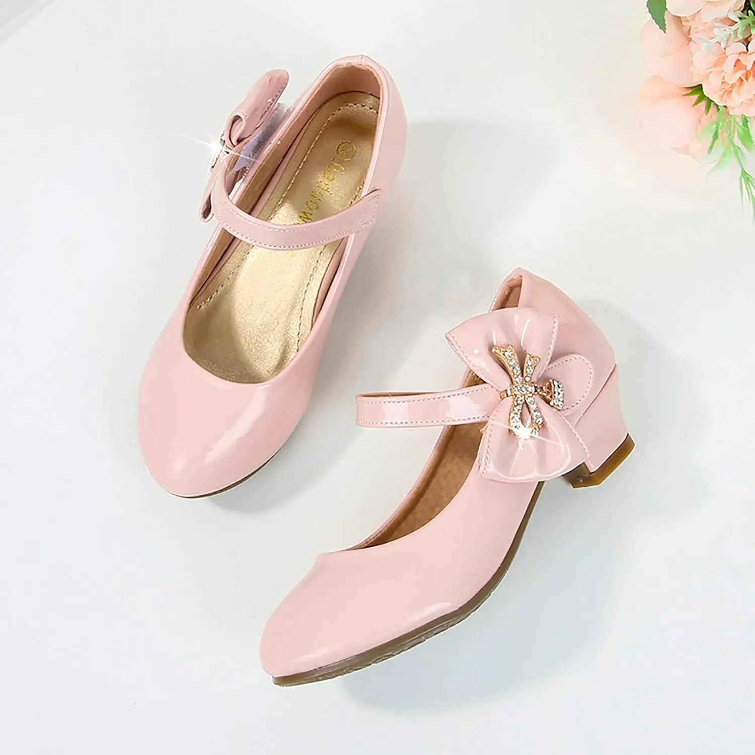 Girls Paten𝐭 Leather Dress Shoes Low Heels Toddler Mary Jane Shoes Flower Shoes with Bow for School Part𝐲 Wedding