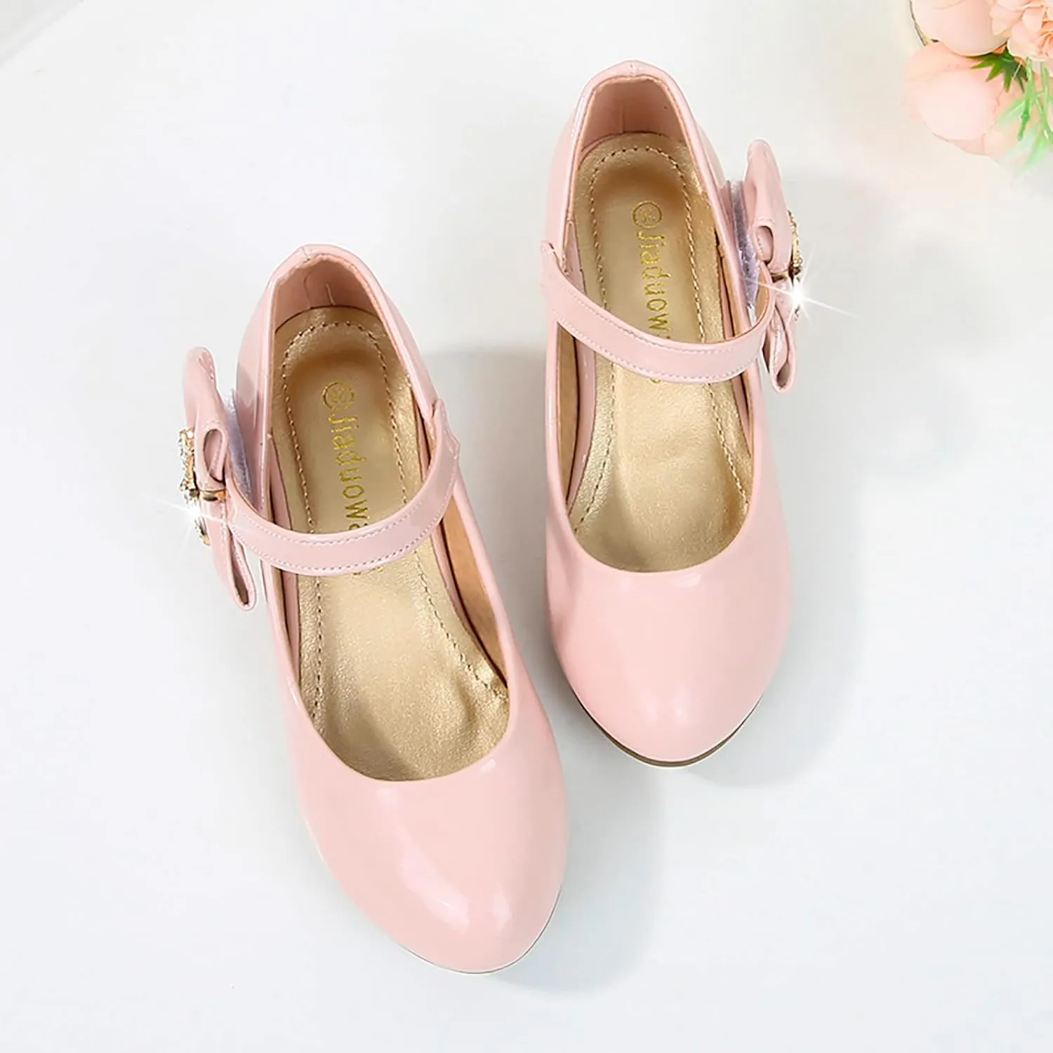 Girls Paten𝐭 Leather Dress Shoes Low Heels Toddler Mary Jane Shoes Flower Shoes with Bow for School Part𝐲 Wedding