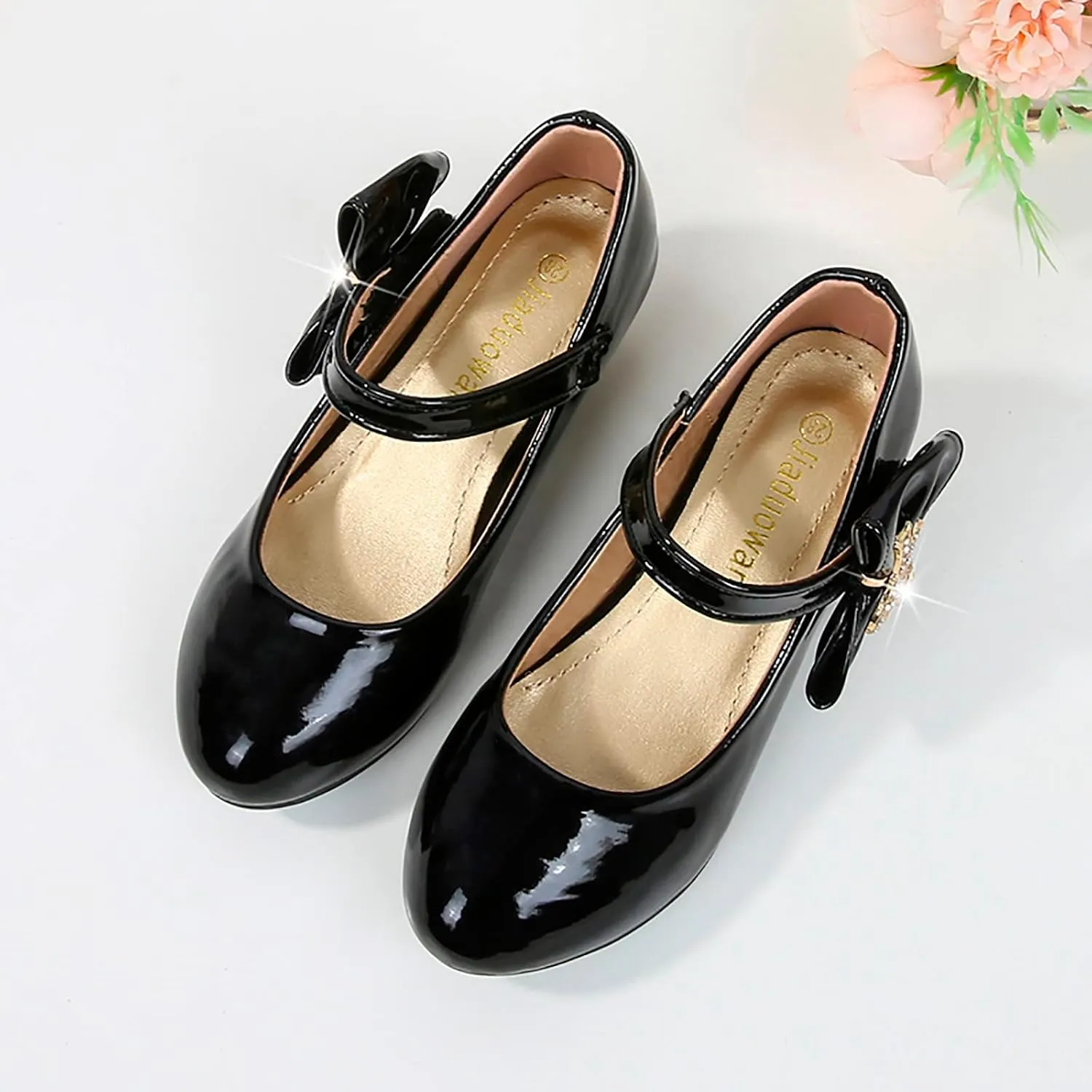 Girls Paten𝐭 Leather Dress Shoes Low Heels Toddler Mary Jane Shoes Flower Shoes with Bow for School Part𝐲 Wedding