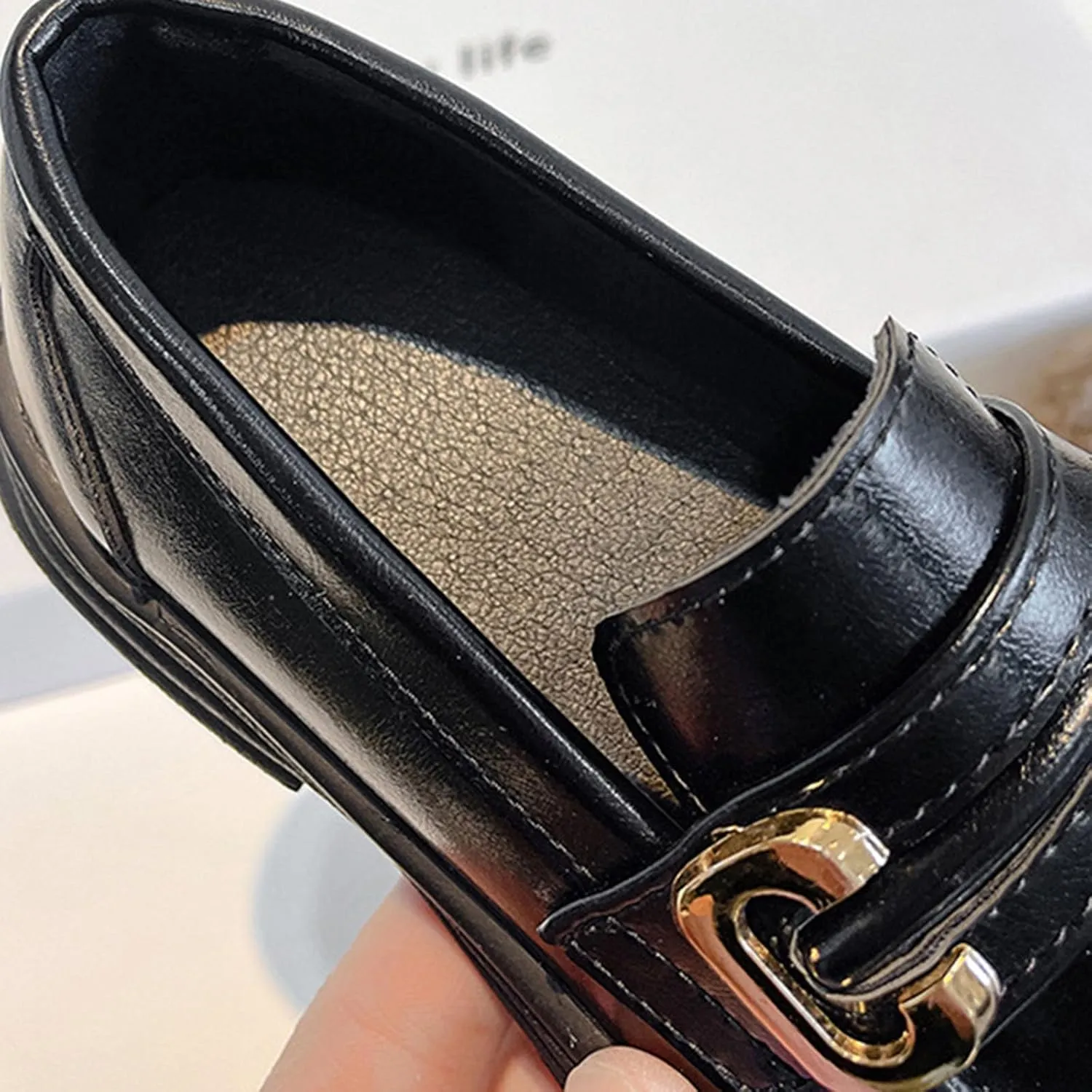 Girl's Platform Loafers Slip On Chunky Heel Leather Flat𝘀 Round Toe School 𝗨niform Dress Shoes with Metal Buckle