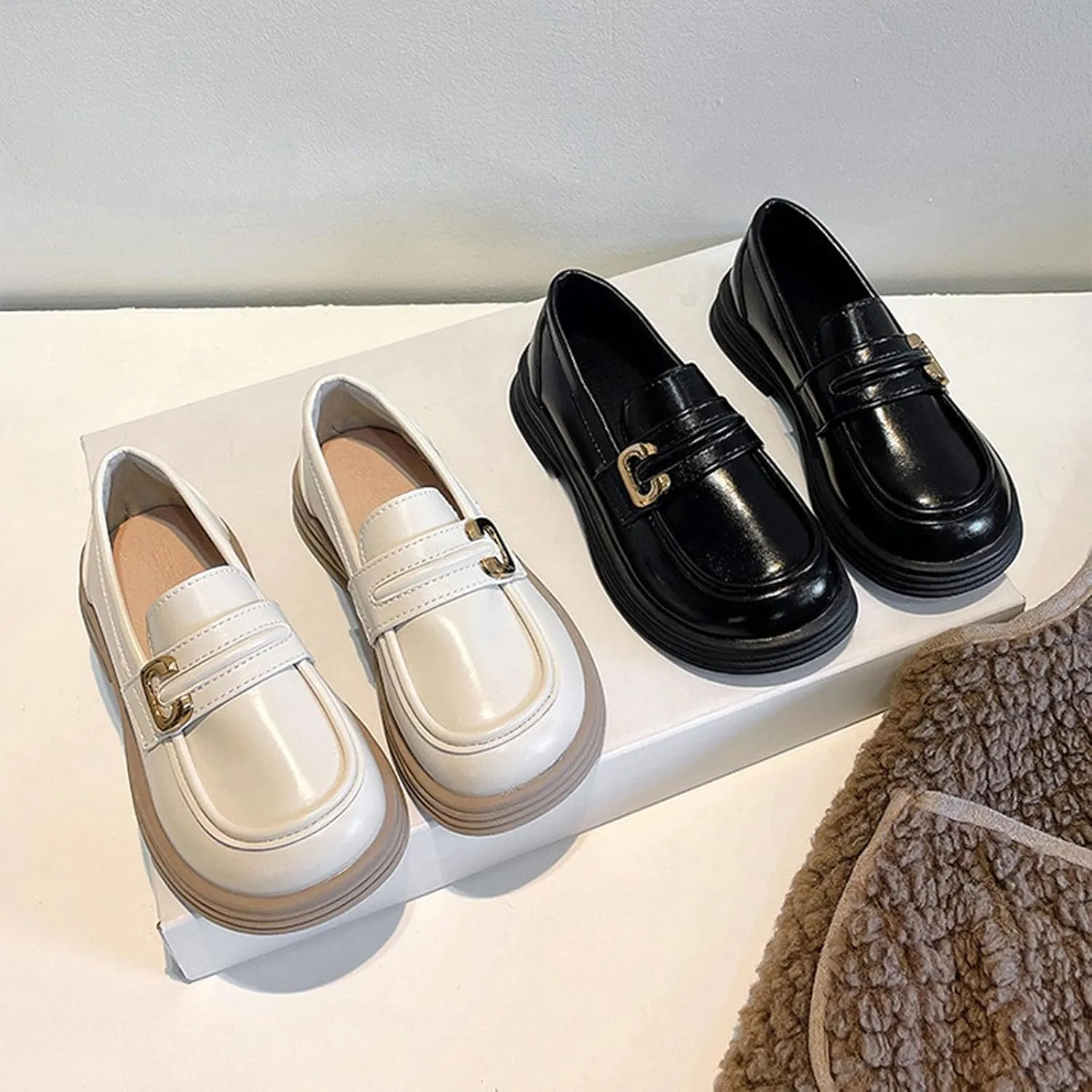 Girl's Platform Loafers Slip On Chunky Heel Leather Flat𝘀 Round Toe School 𝗨niform Dress Shoes with Metal Buckle