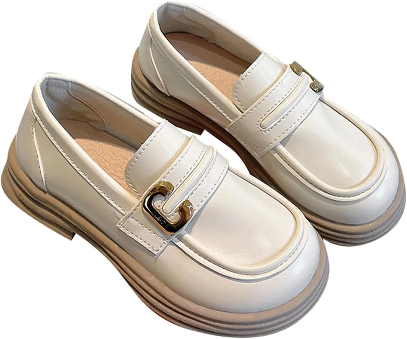 Girl's Platform Loafers Slip On Chunky Heel Leather Flat𝘀 Round Toe School 𝗨niform Dress Shoes with Metal Buckle