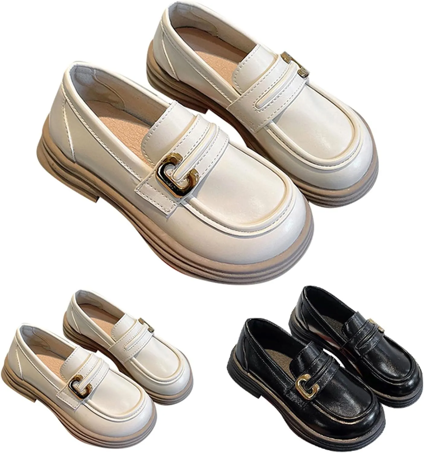 Girl's Platform Loafers Slip On Chunky Heel Leather Flat𝘀 Round Toe School 𝗨niform Dress Shoes with Metal Buckle
