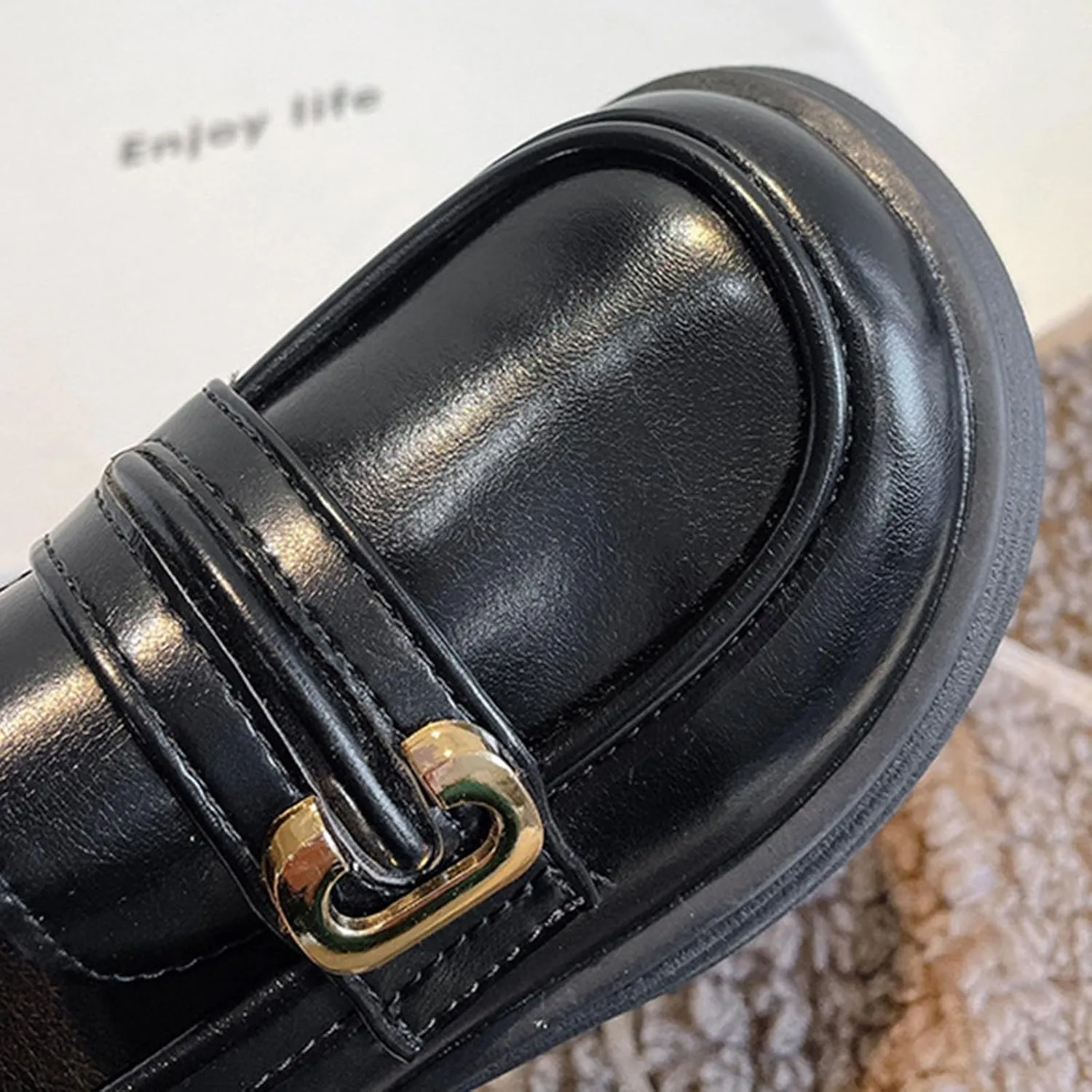 Girl's Platform Loafers Slip On Chunky Heel Leather Flat𝘀 Round Toe School 𝗨niform Dress Shoes with Metal Buckle