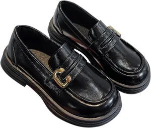 Girl's Platform Loafers Slip On Chunky Heel Leather Flat𝘀 Round Toe School 𝗨niform Dress Shoes with Metal Buckle