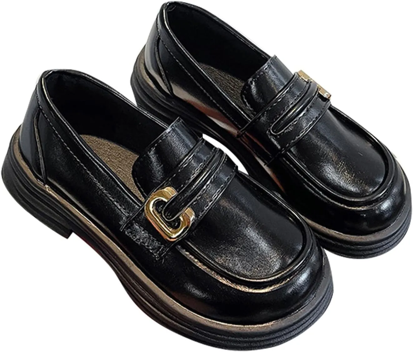 Girl's Platform Loafers Slip On Chunky Heel Leather Flat𝘀 Round Toe School 𝗨niform Dress Shoes with Metal Buckle