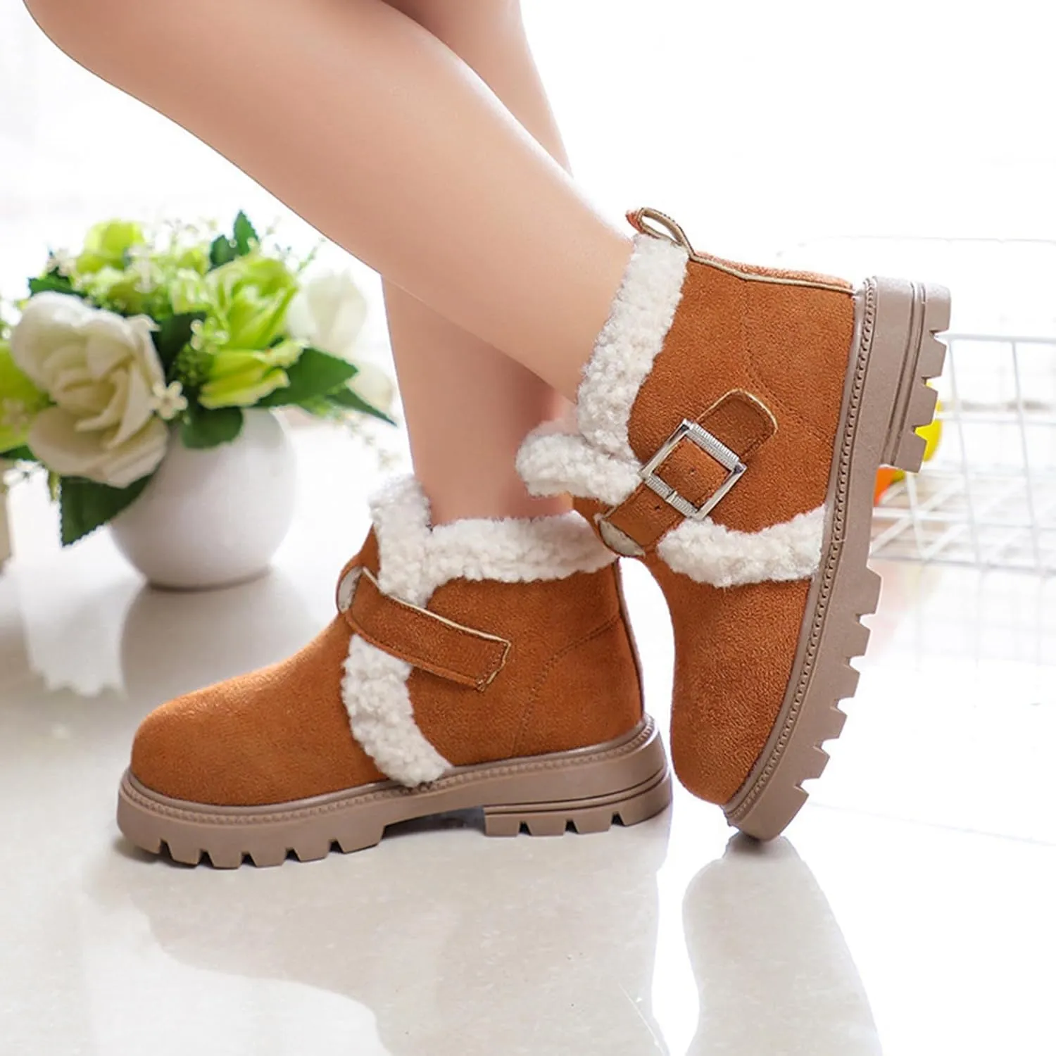 Girls Winter Boots Ankle Booties Kids Winter Booties Fashion Fur Lined Lightweight Warm Snow Booties for Everyday