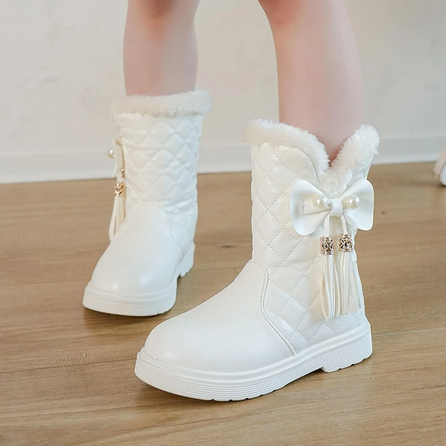 Girls Winter Snow Boots Faux Fur Lined Slip on Ankle Booties Mid Calf Non-Slip Outdoor Walking Shoes Little/Big Kids
