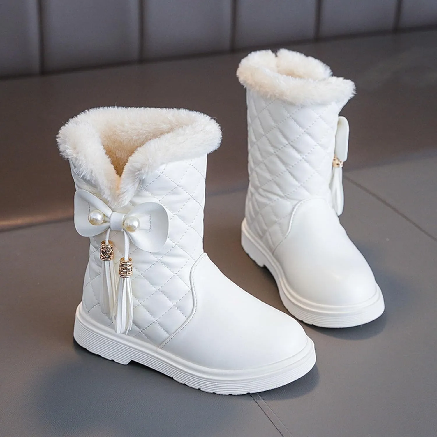 Girls Winter Snow Boots Faux Fur Lined Slip on Ankle Booties Mid Calf Non-Slip Outdoor Walking Shoes Little/Big Kids