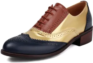 GORBINETI Women's Perforated Lace up Business Oxford Wingtip Round Toe Multicolor Leather Flat Oxford Retro Brogues Dress Shoes