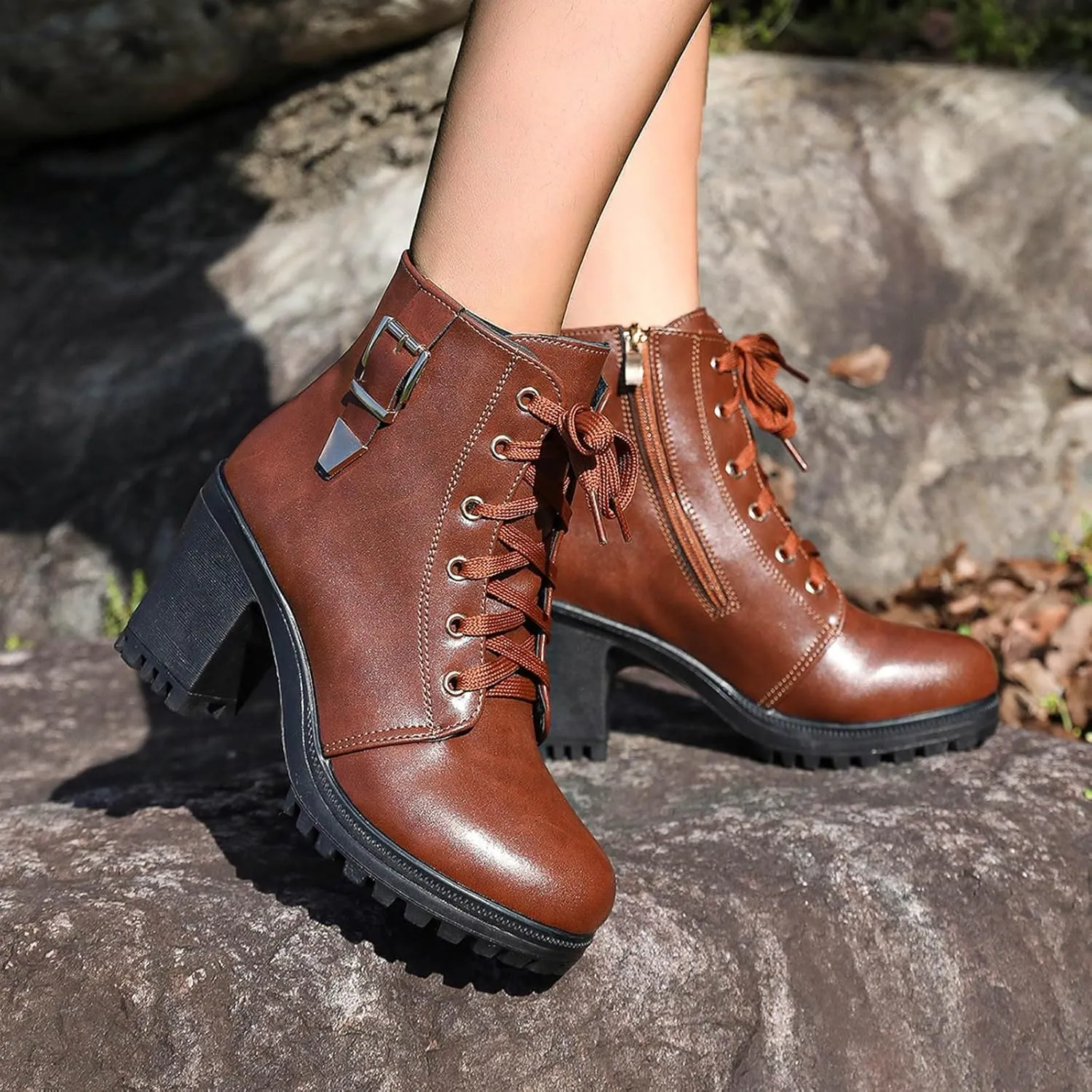 Goth Boots for Women Goth Chunky Platform Boots Lace up Combat Ankle Boots High Chunky Heel Fashion Heeled Booties