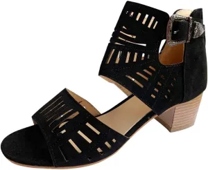 GUNIYIFS Womens Peep Toe Sandals High Heel Sandals Ankle Strap Sandals Hollow Out Chunky Low Heeled Cutout Stacked Heel Sandal