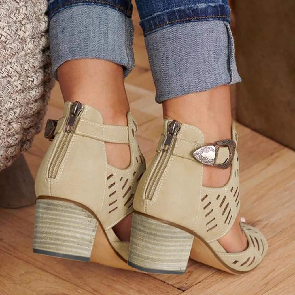 GUNIYIFS Womens Peep Toe Sandals High Heel Sandals Ankle Strap Sandals Hollow Out Chunky Low Heeled Cutout Stacked Heel Sandal