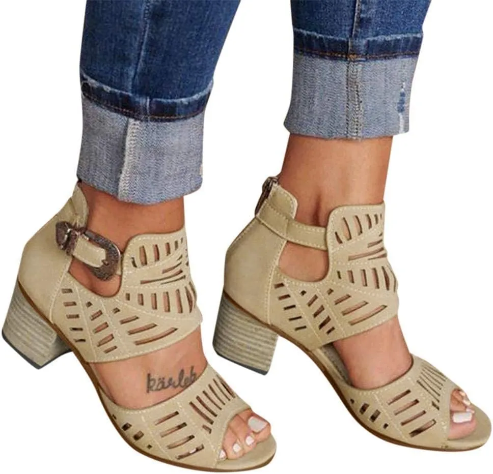 GUNIYIFS Womens Peep Toe Sandals High Heel Sandals Ankle Strap Sandals Hollow Out Chunky Low Heeled Cutout Stacked Heel Sandal
