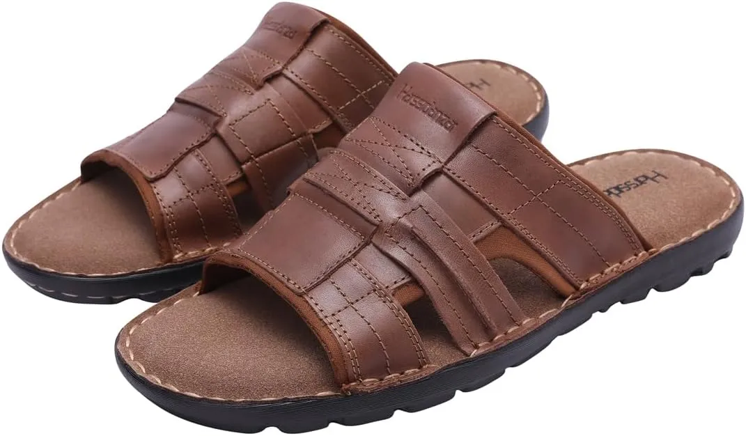 Harssidanzar Leather Slide Sandals for Men Memory foam Lightweight Summer Mens Sandals Outdoor Mens Beach slip on Sandal KM228US