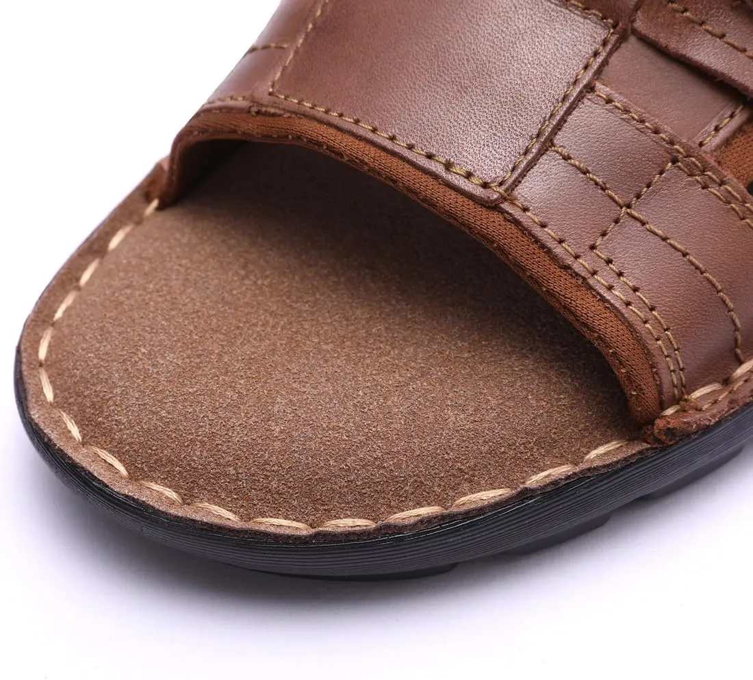 Harssidanzar Leather Slide Sandals for Men Memory foam Lightweight Summer Mens Sandals Outdoor Mens Beach slip on Sandal KM228US