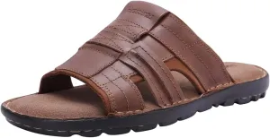 Harssidanzar Leather Slide Sandals for Men Memory foam Lightweight Summer Mens Sandals Outdoor Mens Beach slip on Sandal KM228US