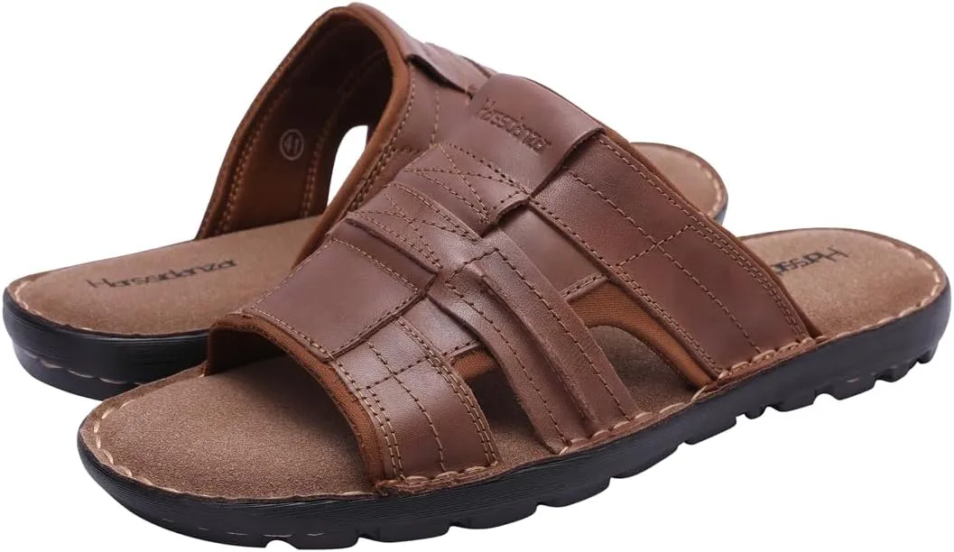 Harssidanzar Leather Slide Sandals for Men Memory foam Lightweight Summer Mens Sandals Outdoor Mens Beach slip on Sandal KM228US