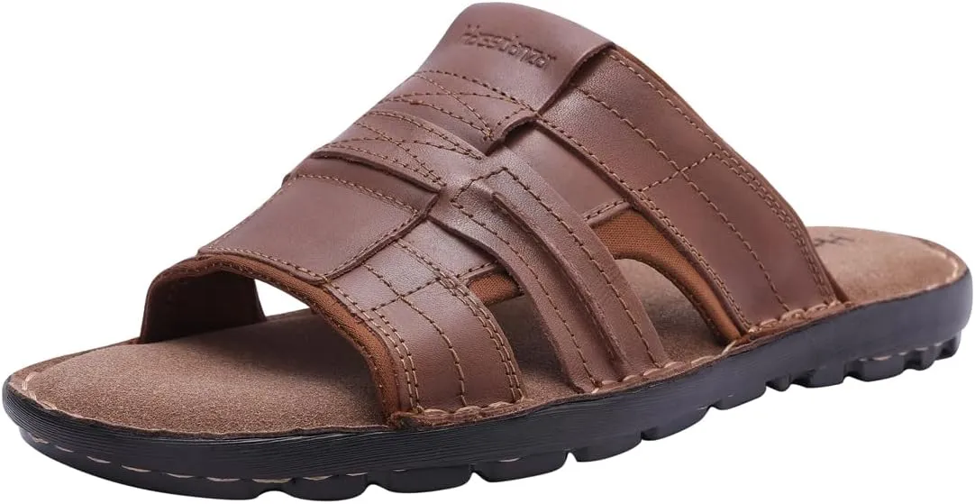 Harssidanzar Leather Slide Sandals for Men Memory foam Lightweight Summer Mens Sandals Outdoor Mens Beach slip on Sandal KM228US