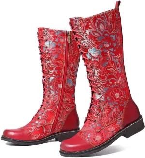 Hiking Boots Women Floral Lace-Up Thigh High Boots Cowboy Western Knee High Boots Mid Calf Hiking Bootie