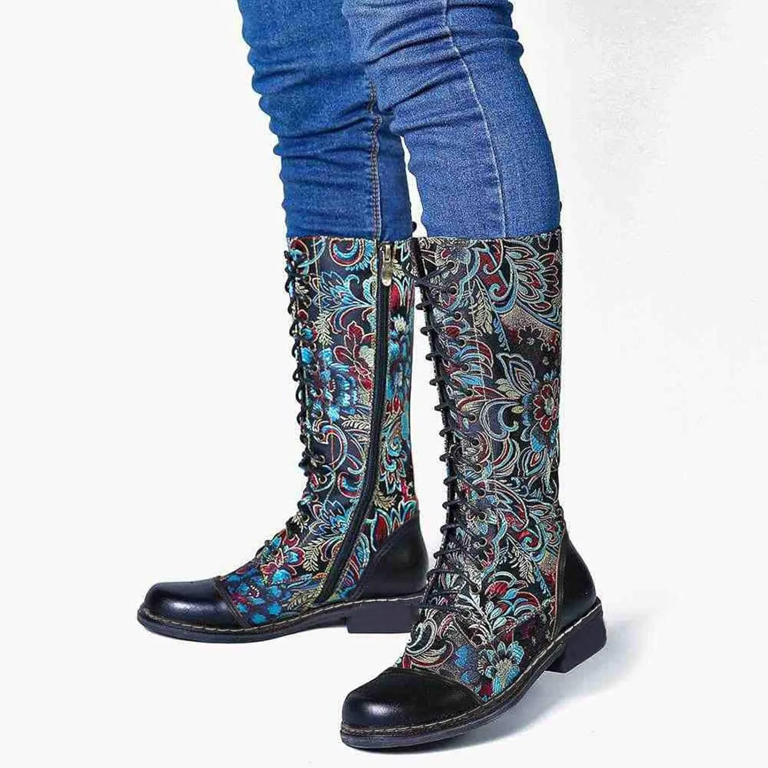 Hiking Boots Women Floral Lace-Up Thigh High Boots Cowboy Western Knee High Boots Mid Calf Hiking Bootie