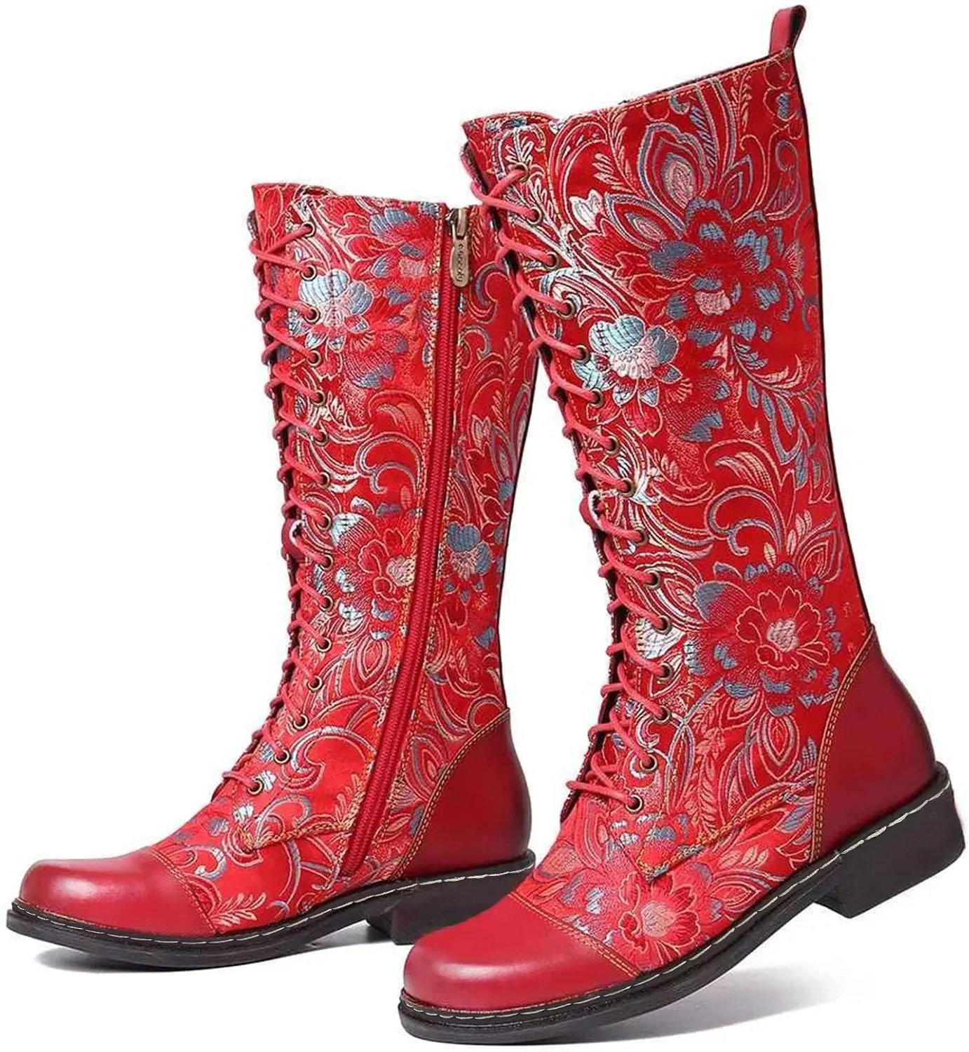 Hiking Boots Women Floral Lace-Up Thigh High Boots Cowboy Western Knee High Boots Mid Calf Hiking Bootie