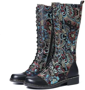 Hiking Boots Women Floral Lace-Up Thigh High Boots Cowboy Western Knee High Boots Mid Calf Hiking Bootie