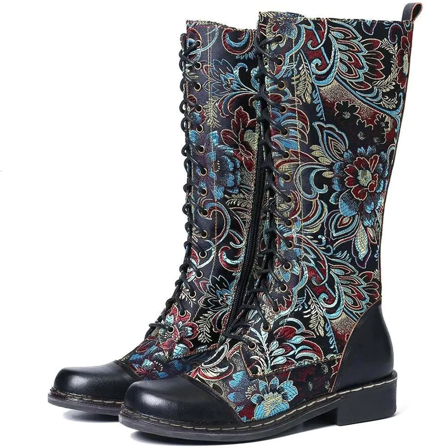 Hiking Boots Women Floral Lace-Up Thigh High Boots Cowboy Western Knee High Boots Mid Calf Hiking Bootie
