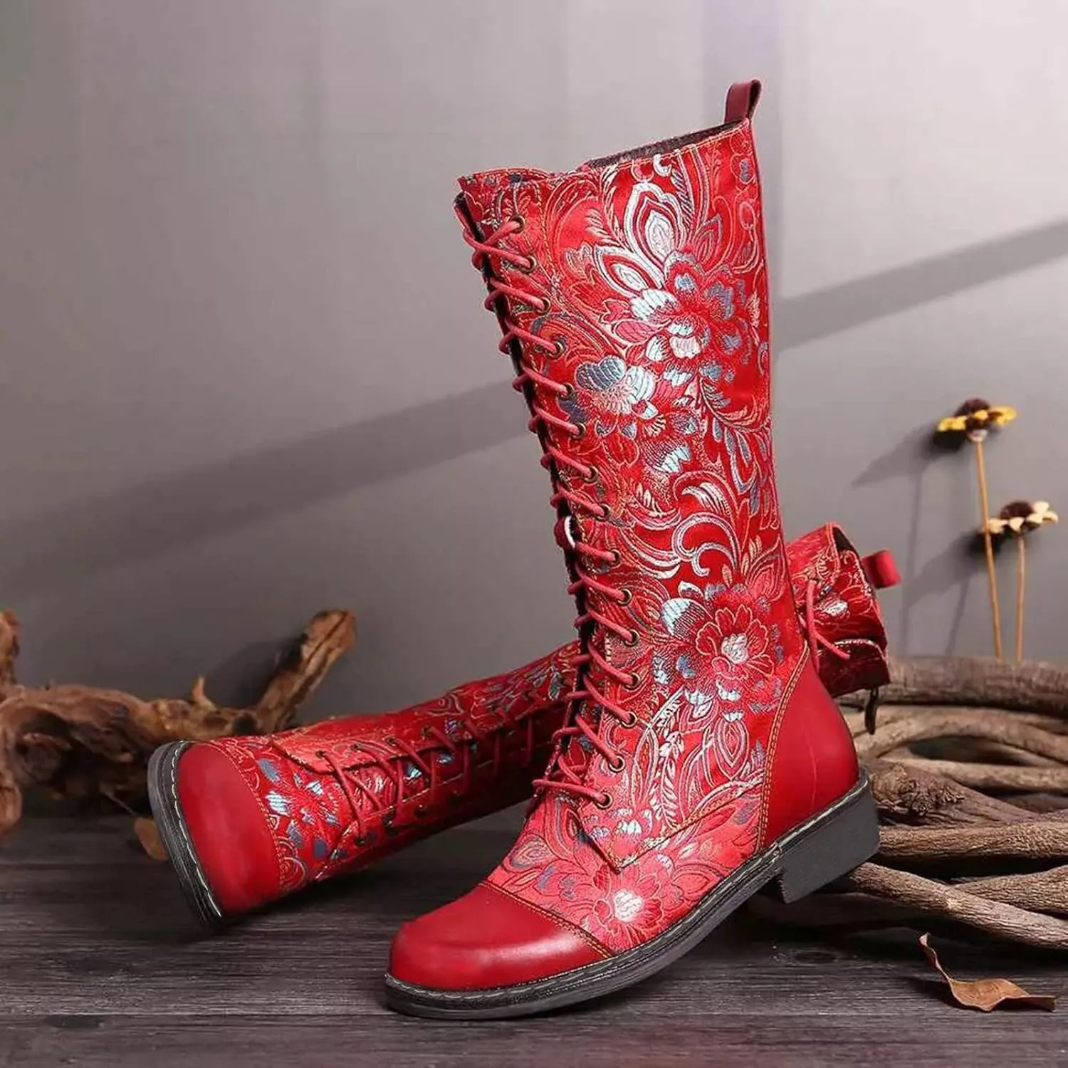 Hiking Boots Women Floral Lace-Up Thigh High Boots Cowboy Western Knee High Boots Mid Calf Hiking Bootie
