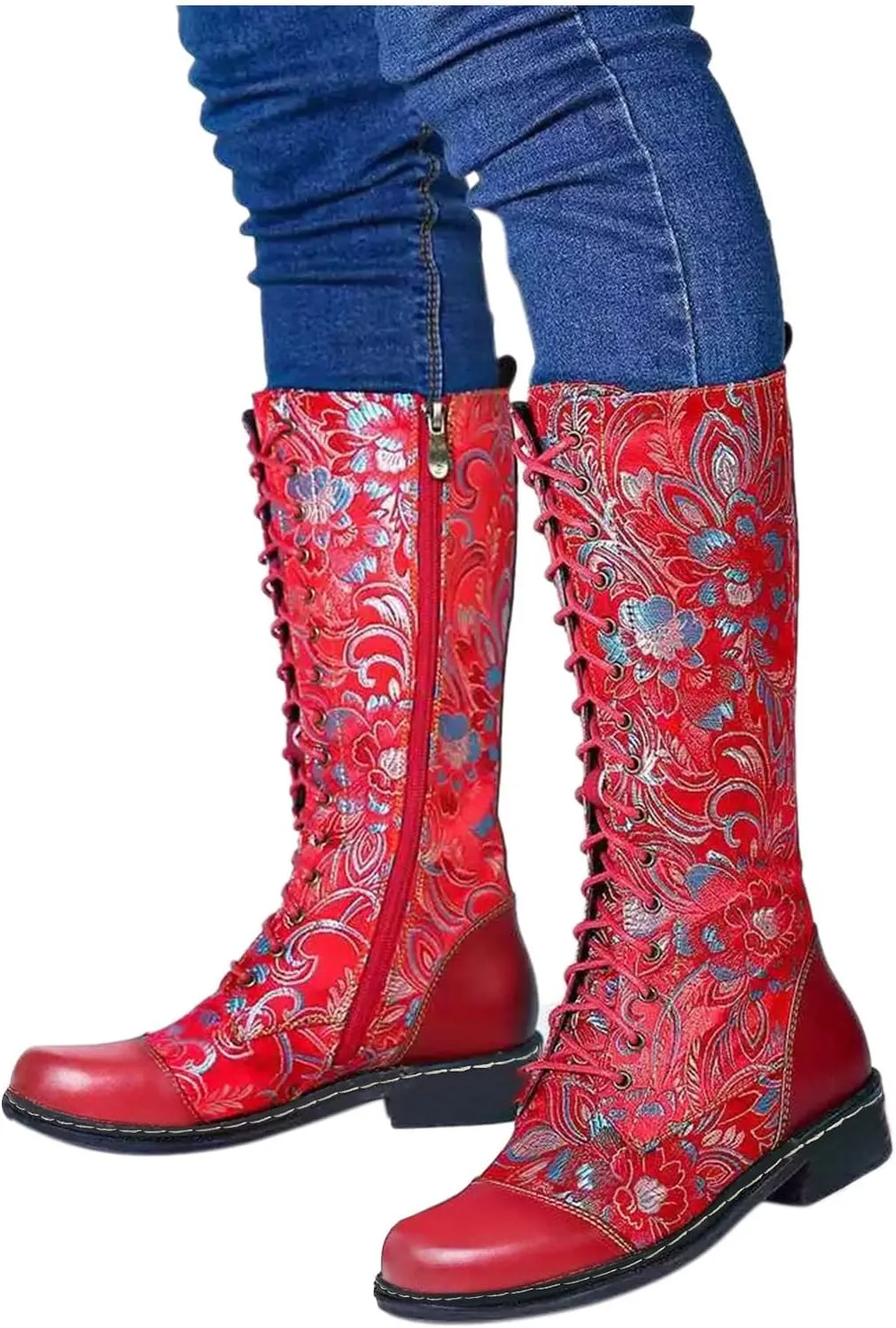 Hiking Boots Women Floral Lace-Up Thigh High Boots Cowboy Western Knee High Boots Mid Calf Hiking Bootie