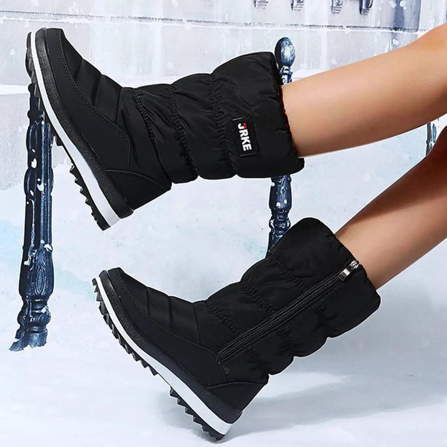 Hiking Boots Women Puffly Platform Snow Boots Plus Fleece Side Zipper Mid-Calf Cotton Non-Slip Booties
