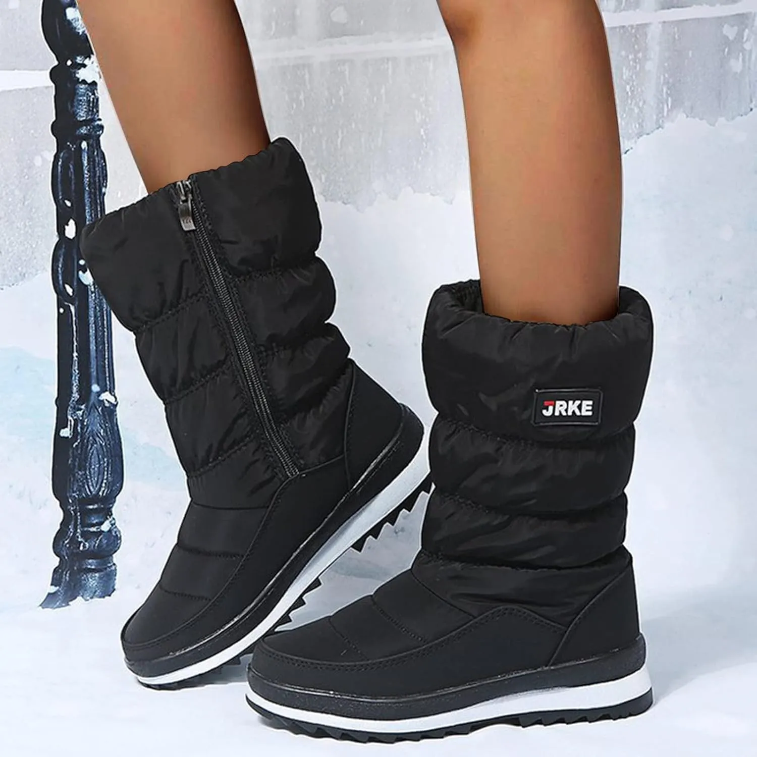 Hiking Boots Women Puffly Platform Snow Boots Plus Fleece Side Zipper Mid-Calf Cotton Non-Slip Booties