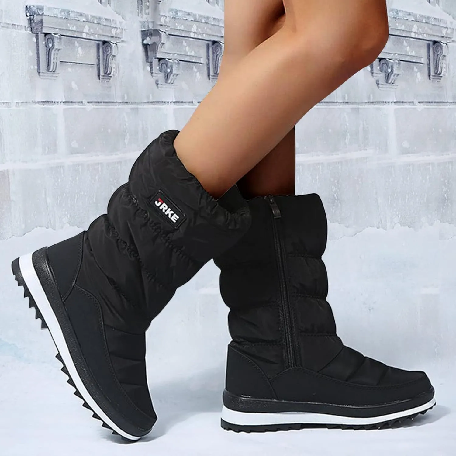 Hiking Boots Women Puffly Platform Snow Boots Plus Fleece Side Zipper Mid-Calf Cotton Non-Slip Booties