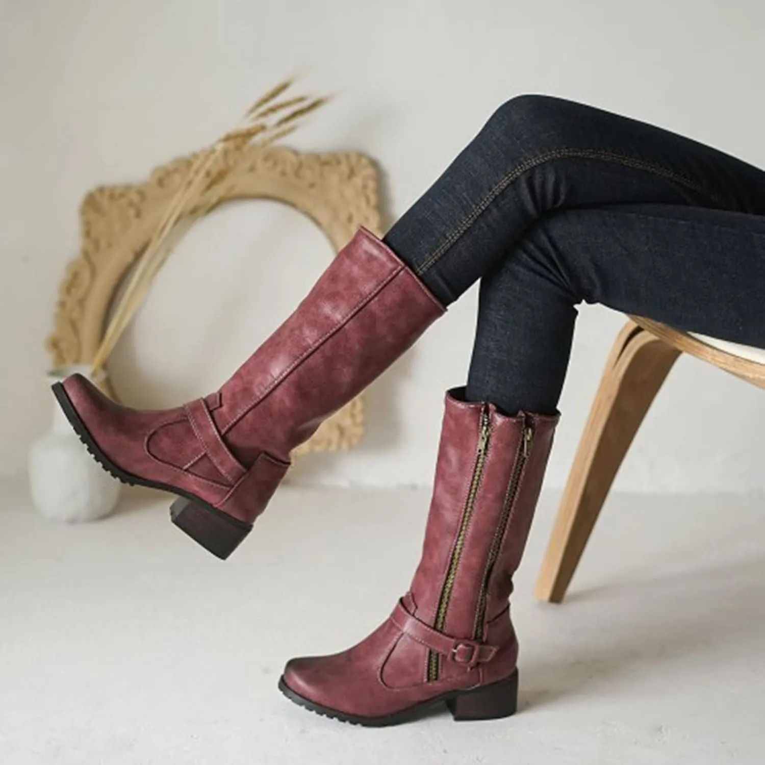 Hiking Boots Women Vintage Lug Sole Mid-Calf Boots Round Toe Chunky Heel Boots Zipper Fall Ankle Booties