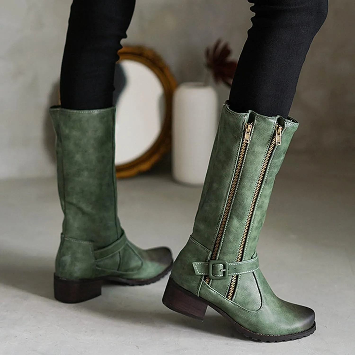 Hiking Boots Women Vintage Lug Sole Mid-Calf Boots Round Toe Chunky Heel Boots Zipper Fall Ankle Booties