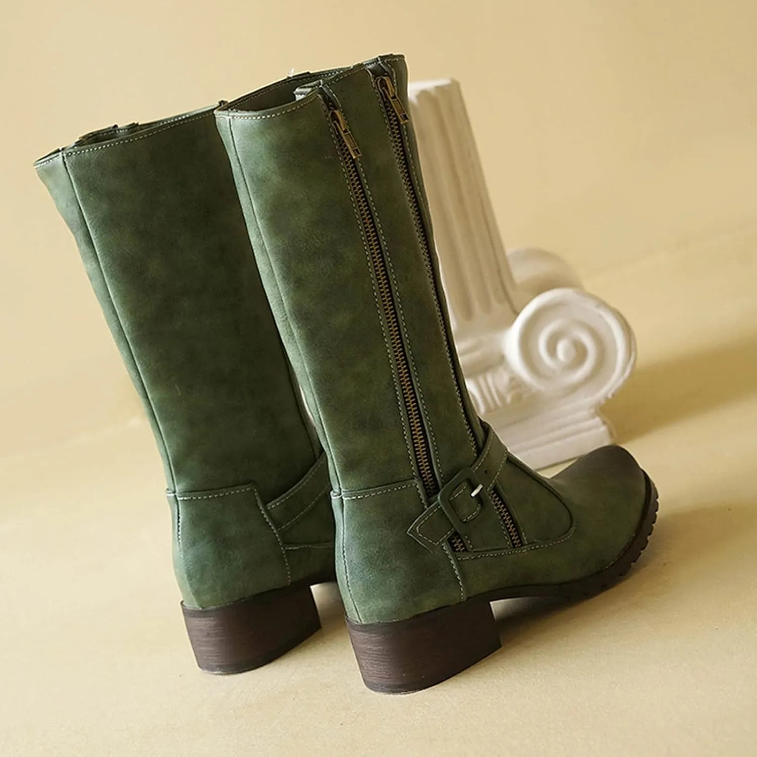 Hiking Boots Women Vintage Lug Sole Mid-Calf Boots Round Toe Chunky Heel Boots Zipper Fall Ankle Booties