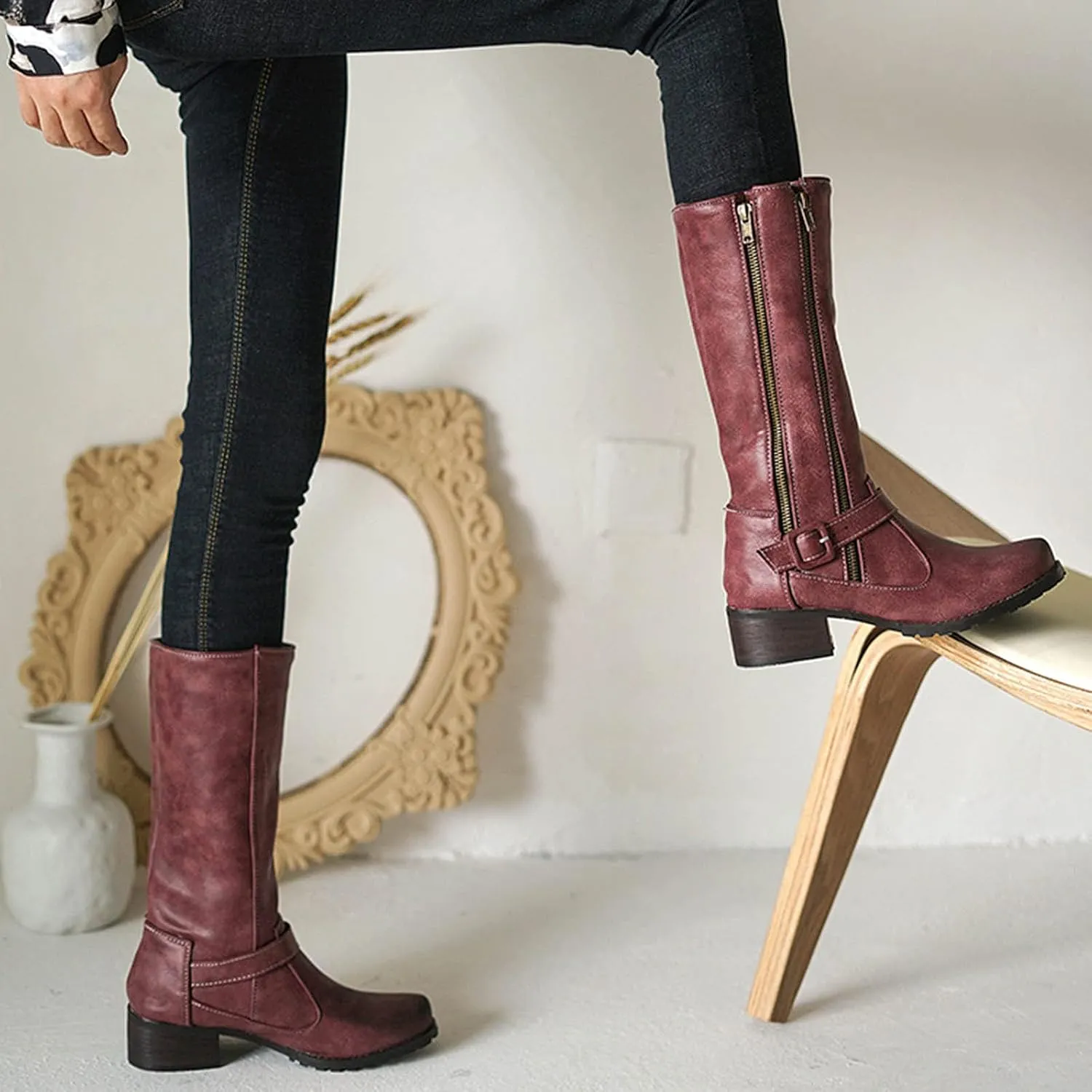 Hiking Boots Women Vintage Lug Sole Mid-Calf Boots Round Toe Chunky Heel Boots Zipper Fall Ankle Booties