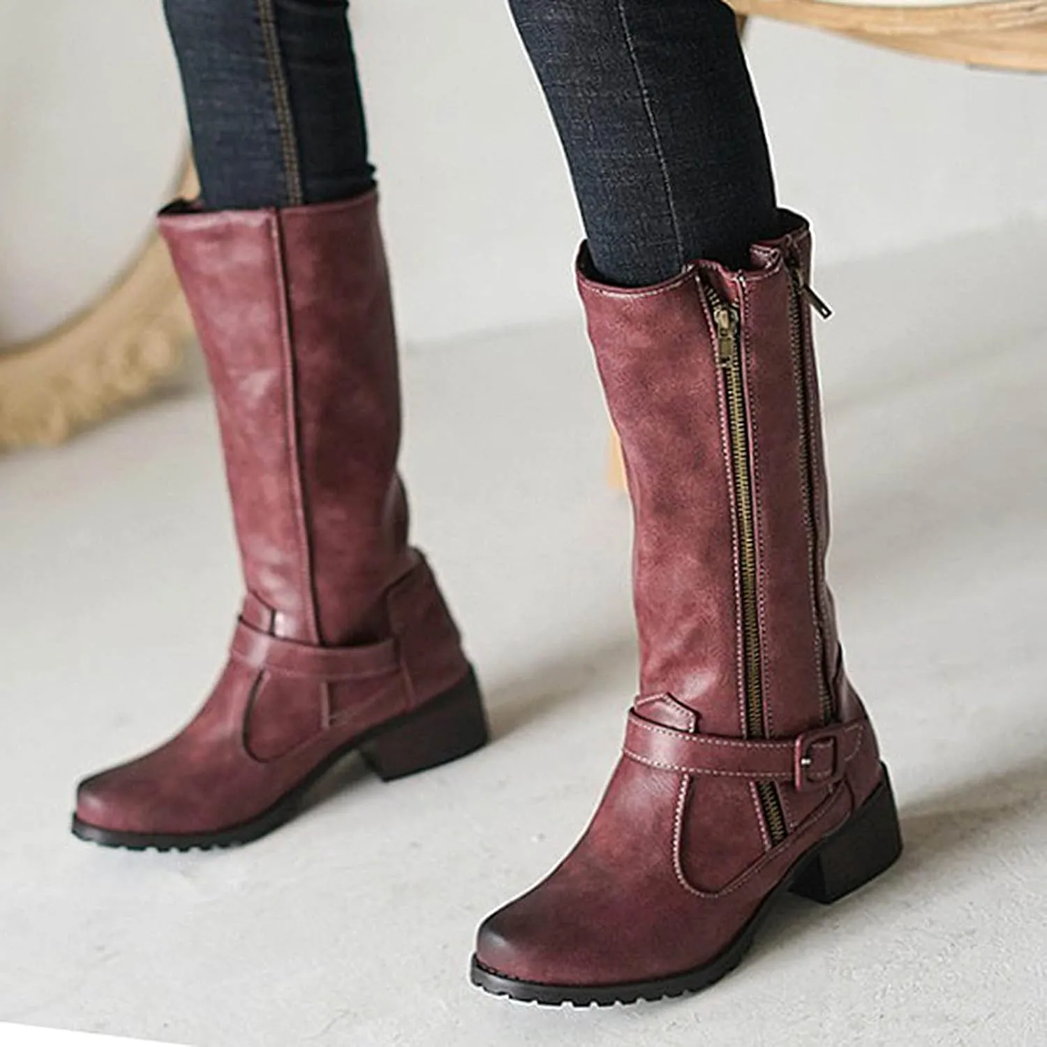 Hiking Boots Women Vintage Lug Sole Mid-Calf Boots Round Toe Chunky Heel Boots Zipper Fall Ankle Booties