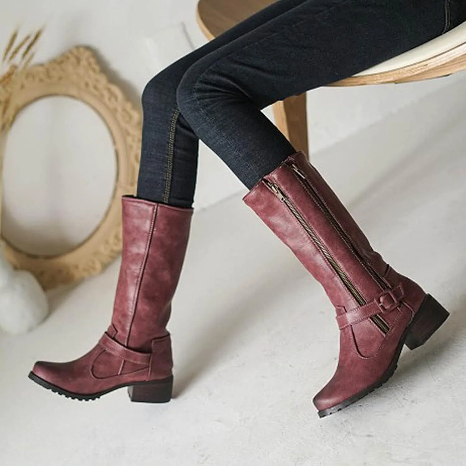 Hiking Boots Women Vintage Lug Sole Mid-Calf Boots Round Toe Chunky Heel Boots Zipper Fall Ankle Booties