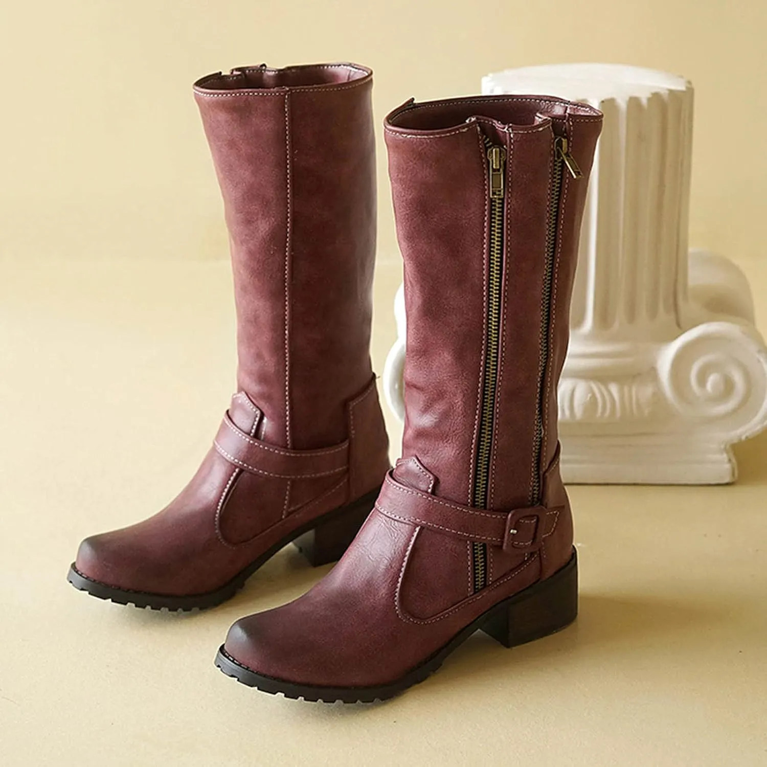 Hiking Boots Women Vintage Lug Sole Mid-Calf Boots Round Toe Chunky Heel Boots Zipper Fall Ankle Booties